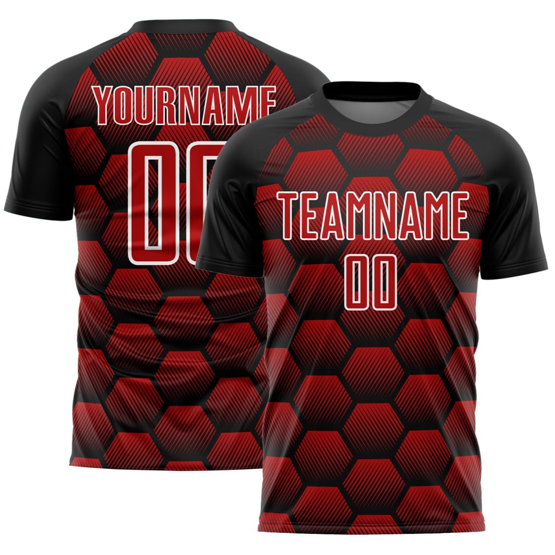 Custom-Black-Red-White-Hexagons-Pattern-Sublimation-Soccer-Uniform-Jer.jpg Custom Black Red-White Hexagons Pattern Sublimation Soccer Uniform Jersey - Image 1