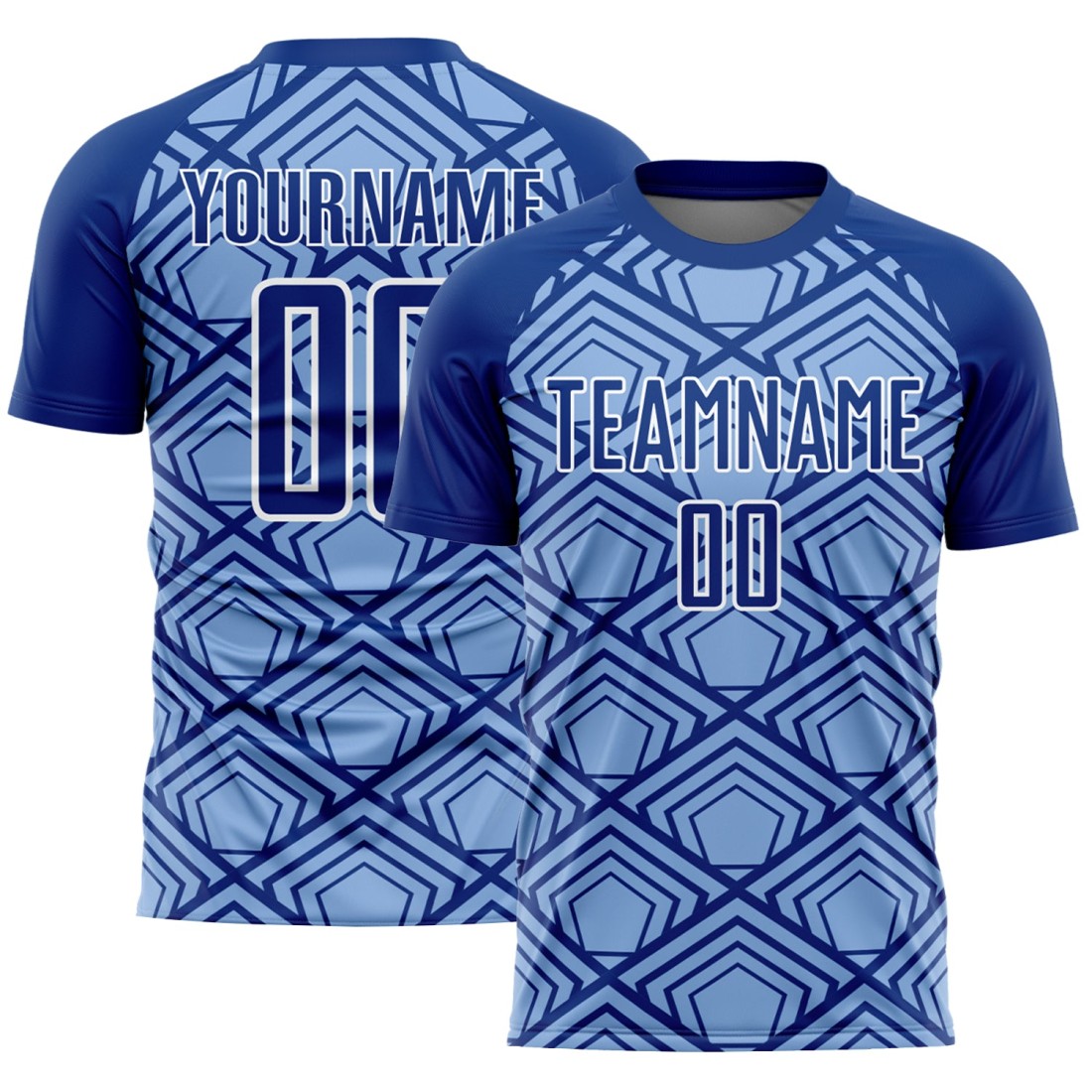 Custom-Light-Blue-Royal-White-Geometric-Pattern-Sublimation-Soccer-Uni.jpg Custom Light Blue Royal-White Geometric Pattern Sublimation Soccer Uniform Jersey - Image 1