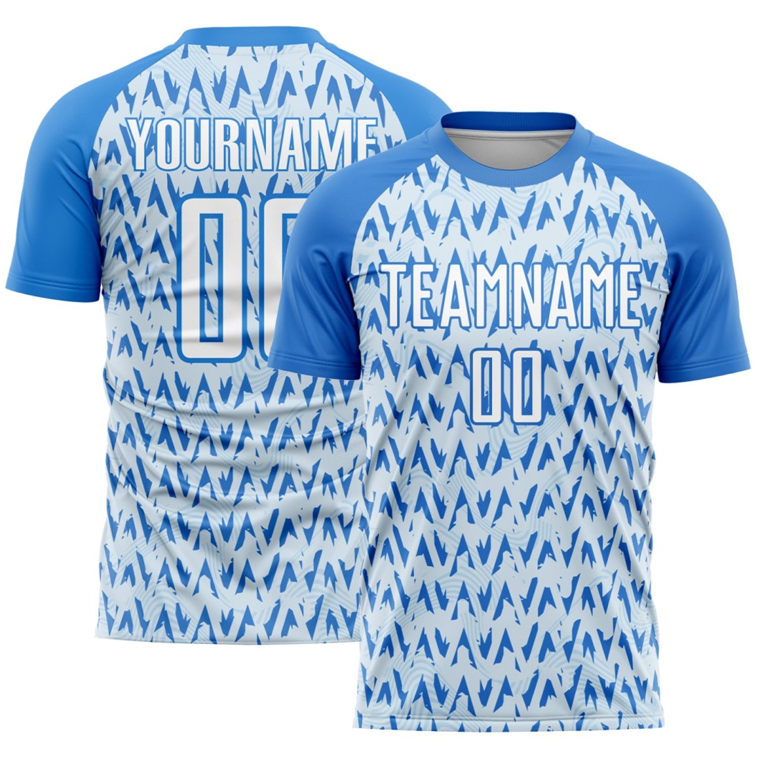 Custom-Powder-Blue-White-Silver-Abstract-Geometric-Pattern-Sublimation.jpg Custom Powder Blue White-Silver Abstract Geometric Pattern Sublimation Soccer Uniform Jersey - Image 1