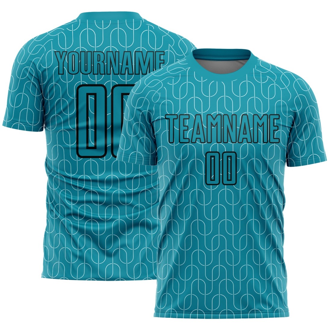 Custom-Teal-Black-Geometric-Pattern-Sublimation-Soccer-Uniform-Jersey.jpg Custom Teal Black Geometric Pattern Sublimation Soccer Uniform Jersey - Image 1